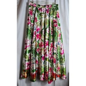 TRULY 4 YOU Tropical‎ Floral Satin Maxi Skirt Women's Size L Elastic Waist Flowy